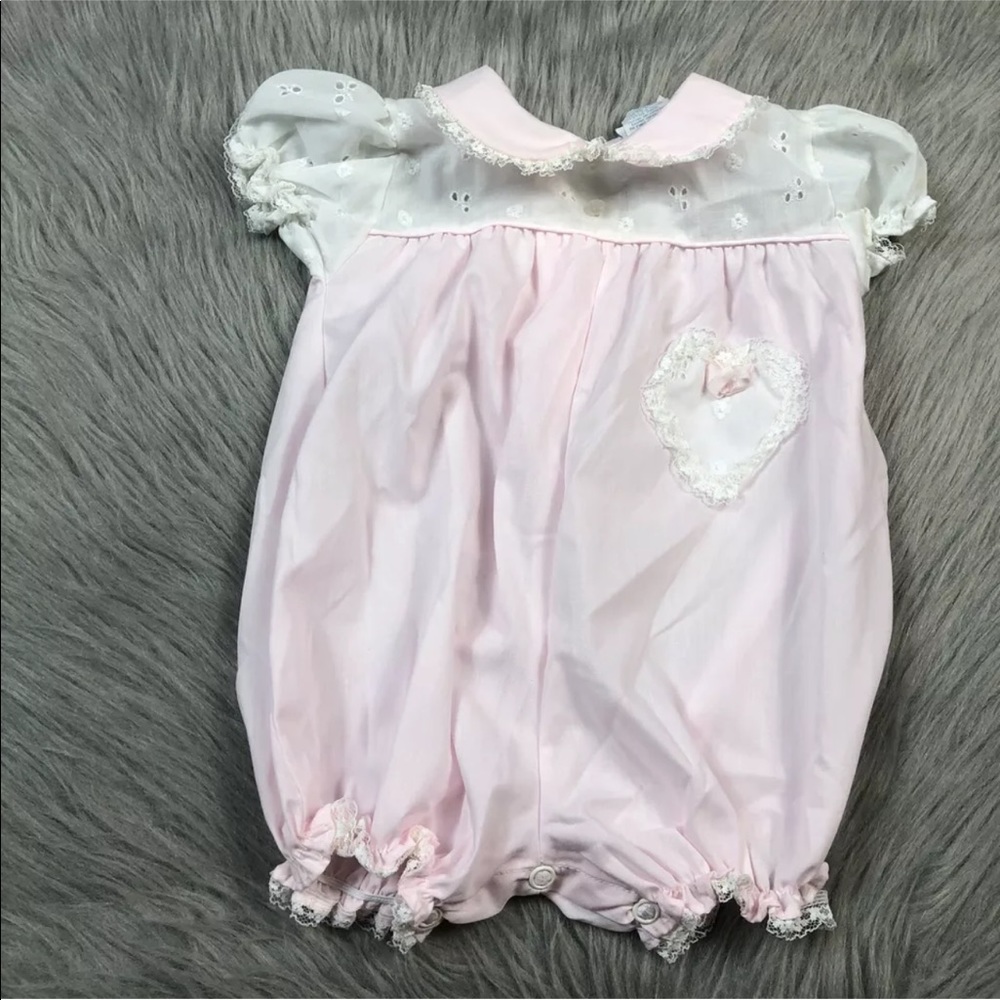 Vintage Baby Girls Pink White Lace Ruffle Alexis Bubble Romper